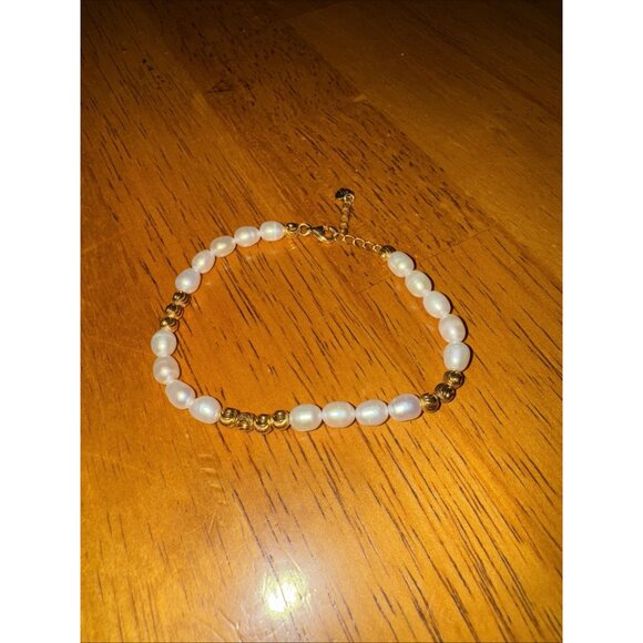 Gold Over 925 Stamped Sterling Silver Pearl Gold Beaded Bracelet Vintage - Picture 2 of 7